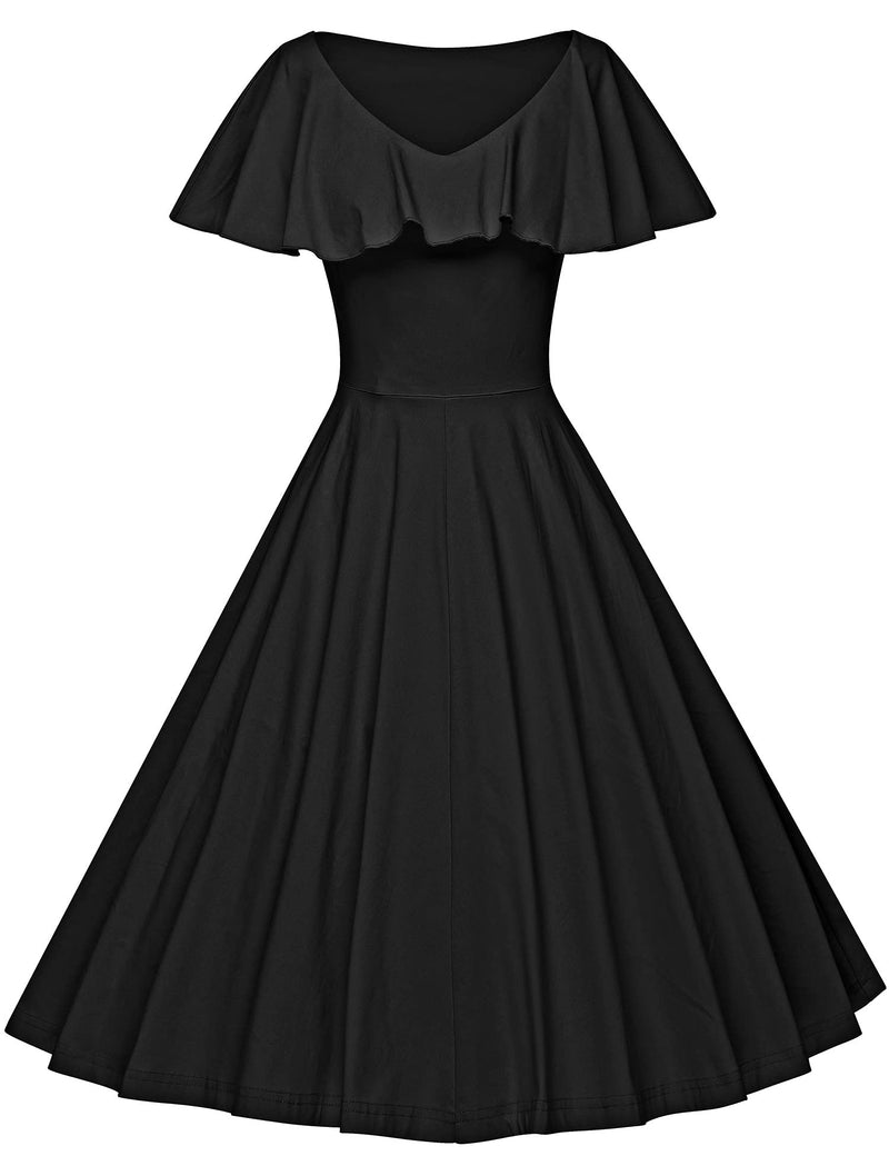 1950s  Black Retro Ruffle Collar Swing Dress With Pockets - Gowntownvintage