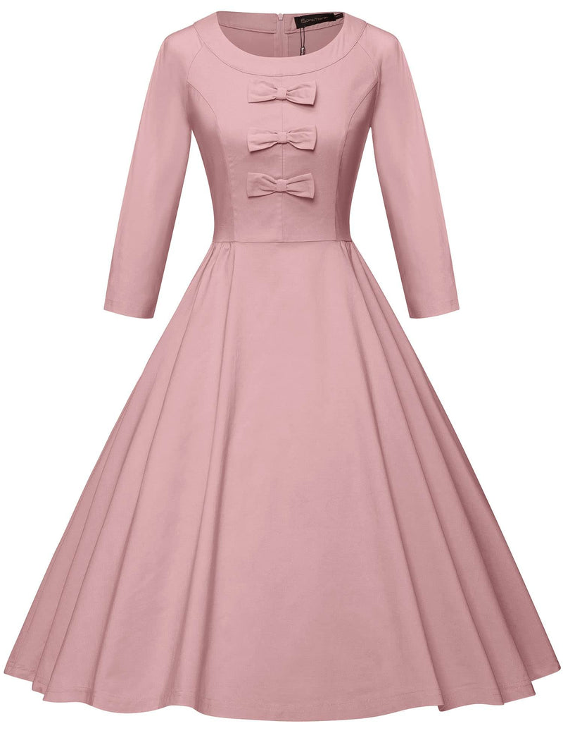 50s Women`s  Pink O neckline Front Bowknot Tie Swing Dress With Pockets - Gowntownvintage