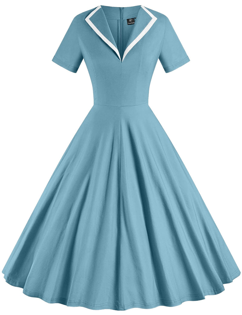 Women`s 50s Stoneblue  Vneckline  Vintage Party Dress With Pockets