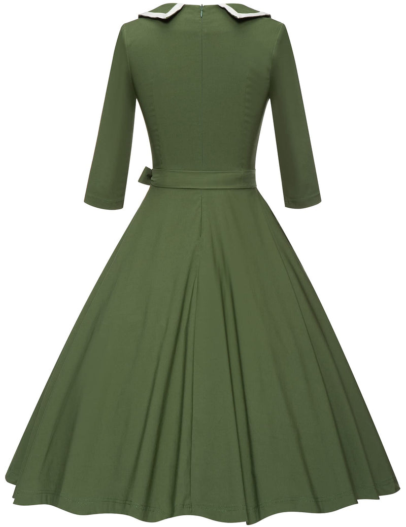 50s Women`s  Armygreen Peter Pan Collar Party Dress With Pockets - Gowntownvintage