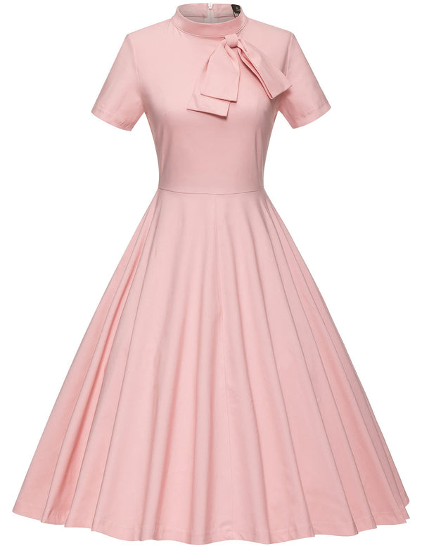 1950s Retro Women`s Pink High Neck  Party Dress With Pockets - Gowntownvintage