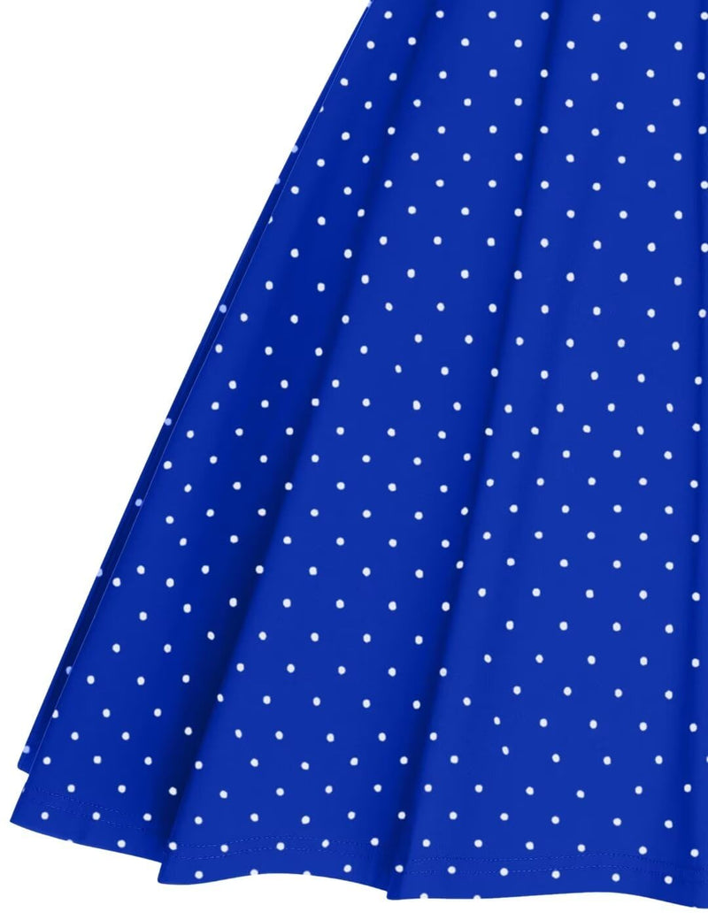 50s Women`s Scoop Collar Audrey Hepburn Style Royal Blue With White Dot Swing Dress With Pockets - Gowntownvintage