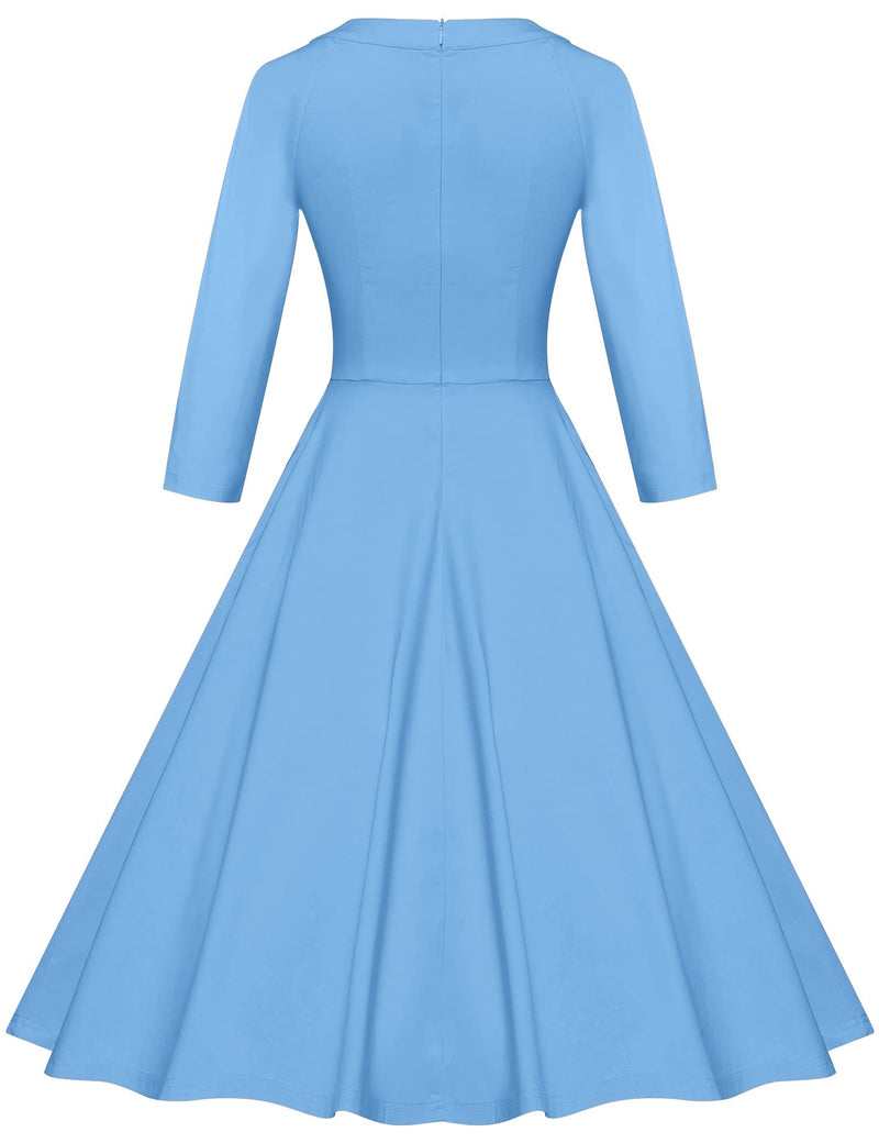 50s Women`s  Lightblue O neckline Front Bowknot Tie Swing Dress With Pockets - Gowntownvintage