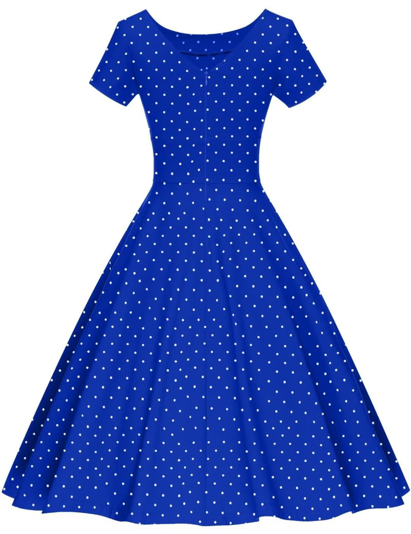 50s Women`s Scoop Collar Audrey Hepburn Style Royal Blue With White Dot Swing Dress With Pockets - Gowntownvintage