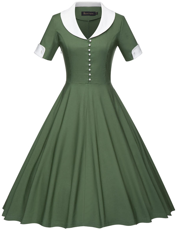 50s Shirtwaist Shawl Collar Swing Dress With Pockets