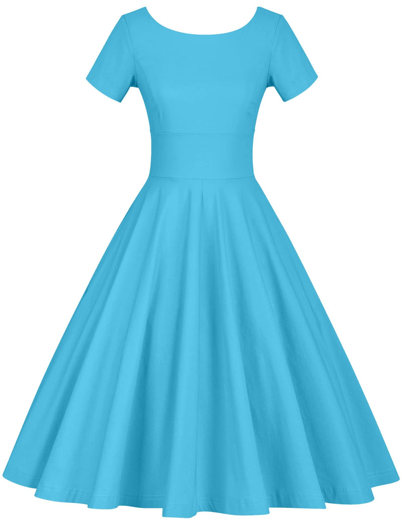 50s Women`s Scoop Collar Skyblue  Dress With Pockets