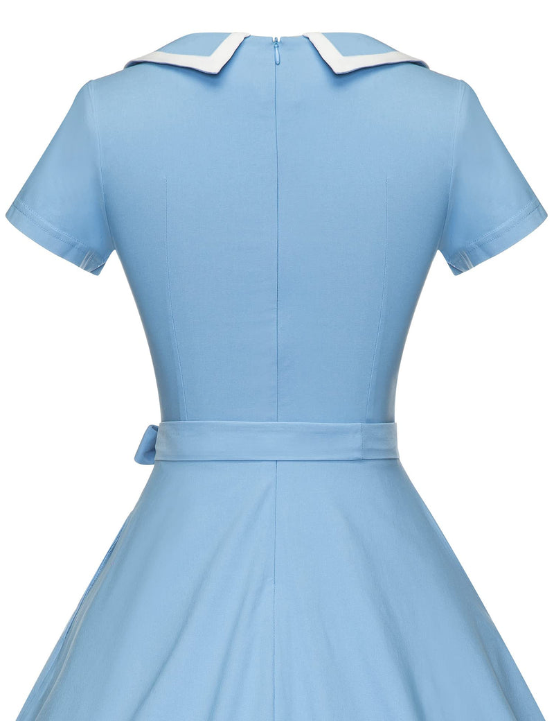 50s  Women`s Retro Dress Boyblue Peter Pan Collar Swing Dress With Pockets - Gowntownvintage