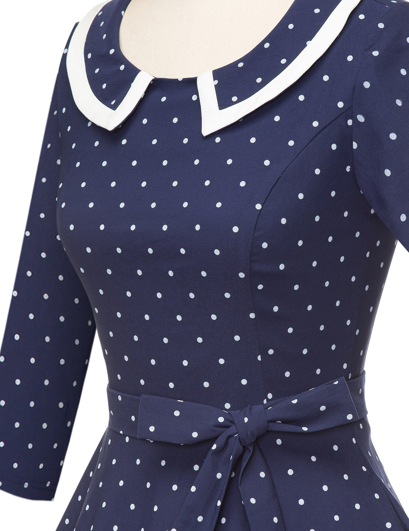 50s Women`s  Darkblue Polka Dot Peter Pan Collar Party Dress With Pockets - Gowntownvintage