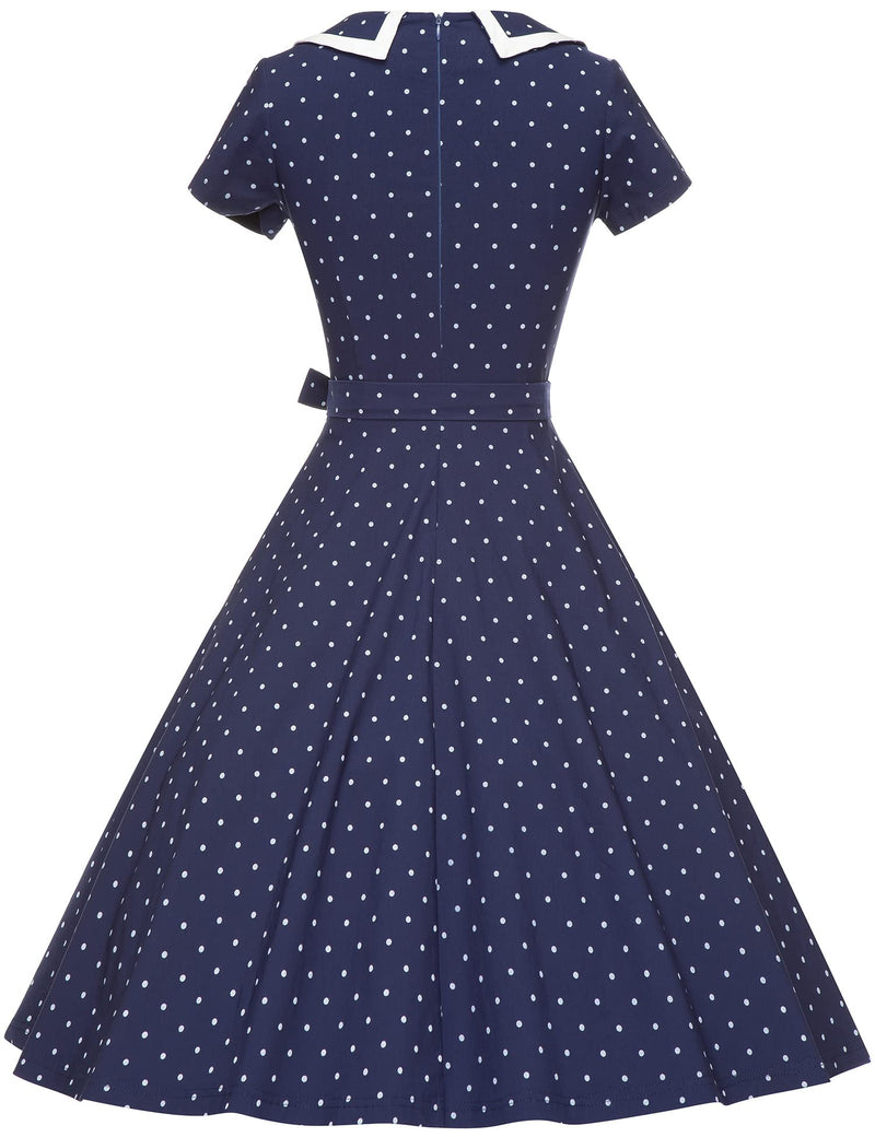 50s Women`s  Darkblue Polka Dot Peter Pan Collar Party Dress With Pockets - Gowntownvintage