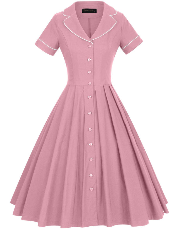 50s Shirtwaist Swing Pink Dress With Pockets