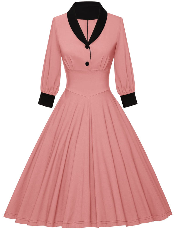 40s Vintage Women`s  Salmon Pink Shawl Collar Vneckline Shirtwaist Swing Dress With Pockets - Gowntownvintage