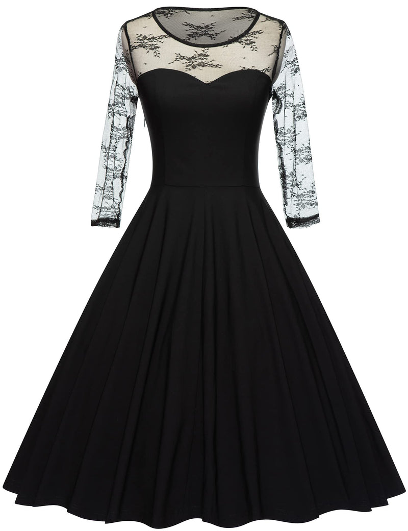 50s Black Semi-transparent Lace Top  Long Sleeve Party Swing Dress With Pockets