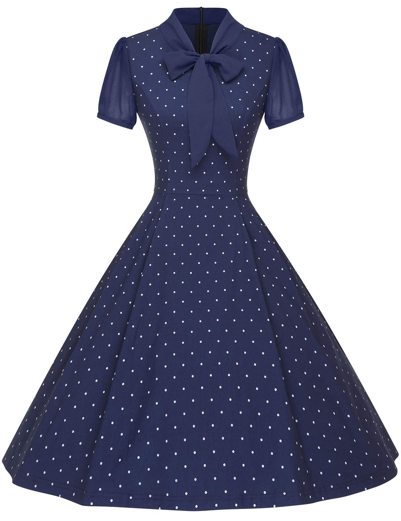 Women`s 1950s Darkblue Dot  Chiffon Short sleeve Fit&Flare Dress With Pockets