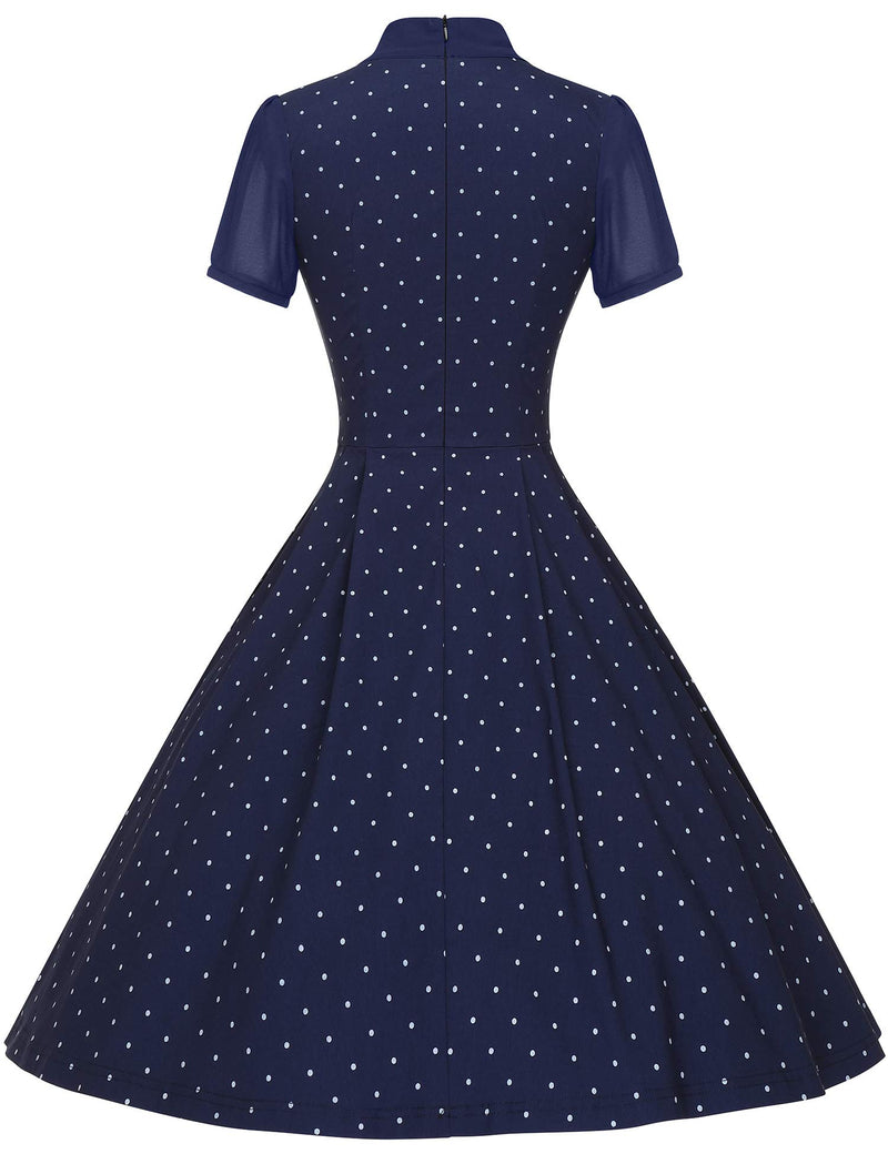 Women`s 1950s Darkblue Dot  Chiffon Short sleeve Fit&Flare Dress With Pockets