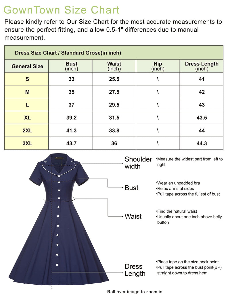 40s 50s Vintage Women`s  Dark Blue Lapel Collar  Vneckline Shirt Dress With Pockets