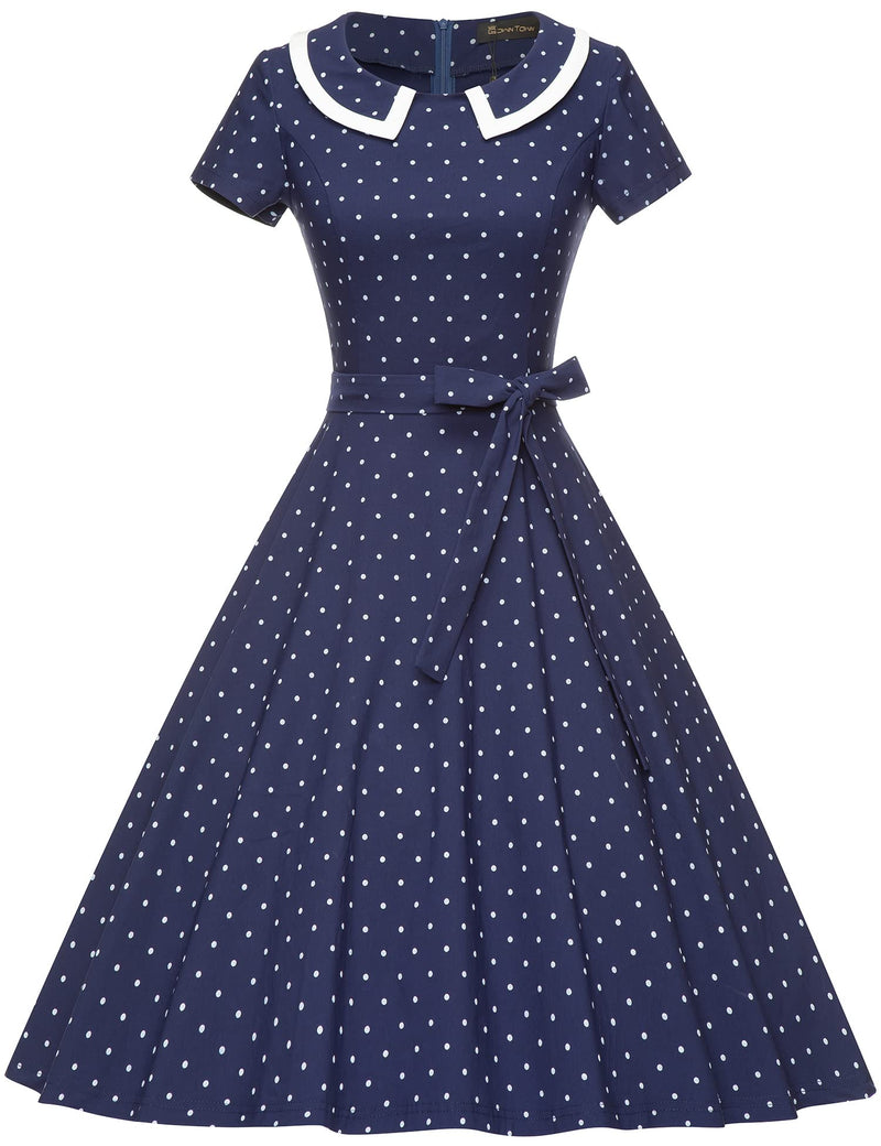 50s Women`s  Darkblue Polka Dot Peter Pan Collar Party Dress With Pockets - Gowntownvintage