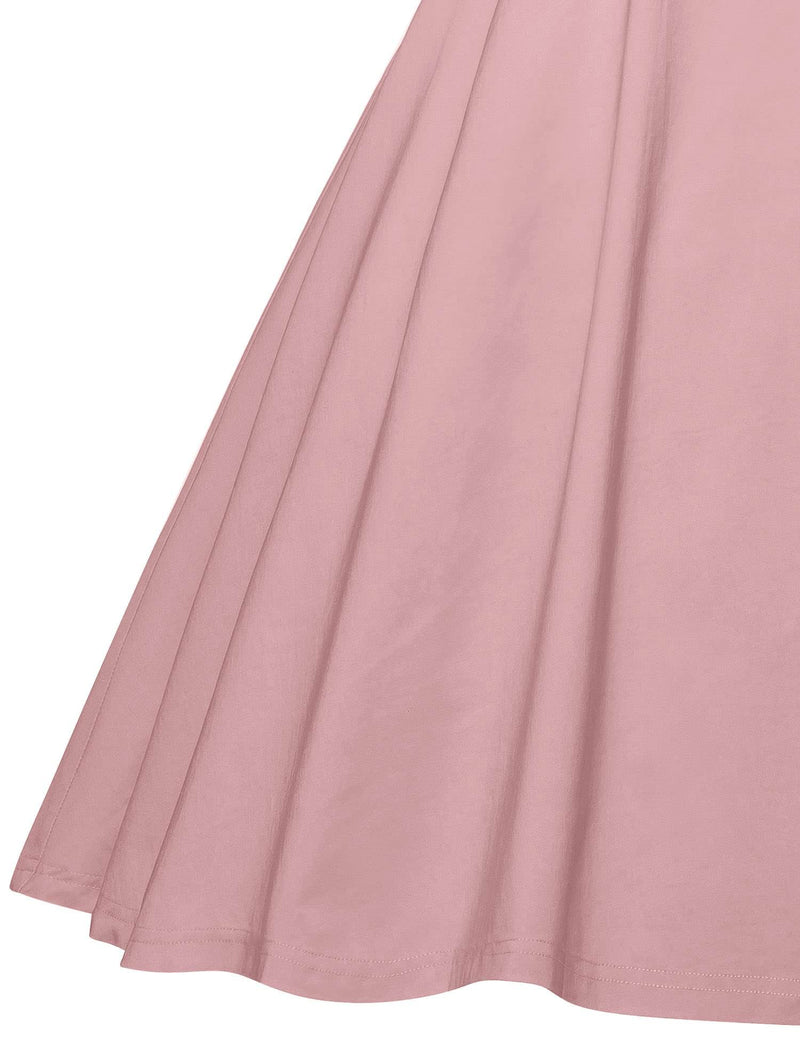 50s Women`s  Pink O neckline Front Bowknot Tie Swing Dress With Pockets - Gowntownvintage