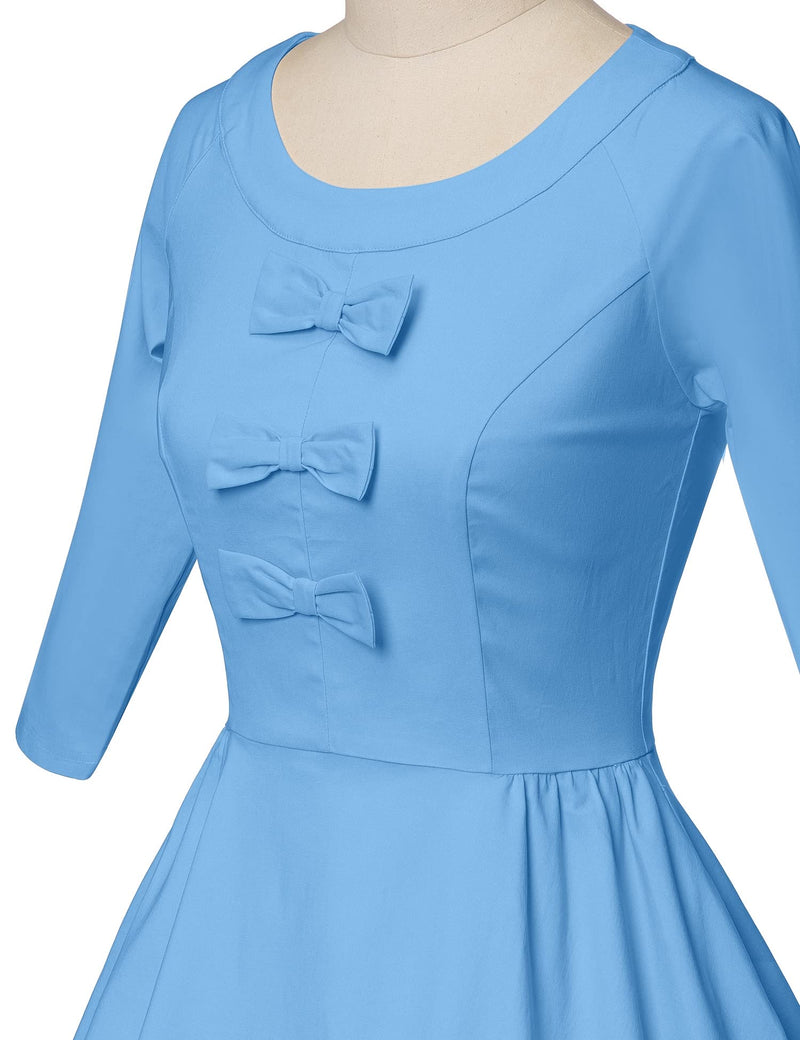 50s Women`s  Lightblue O neckline Front Bowknot Tie Swing Dress With Pockets - Gowntownvintage