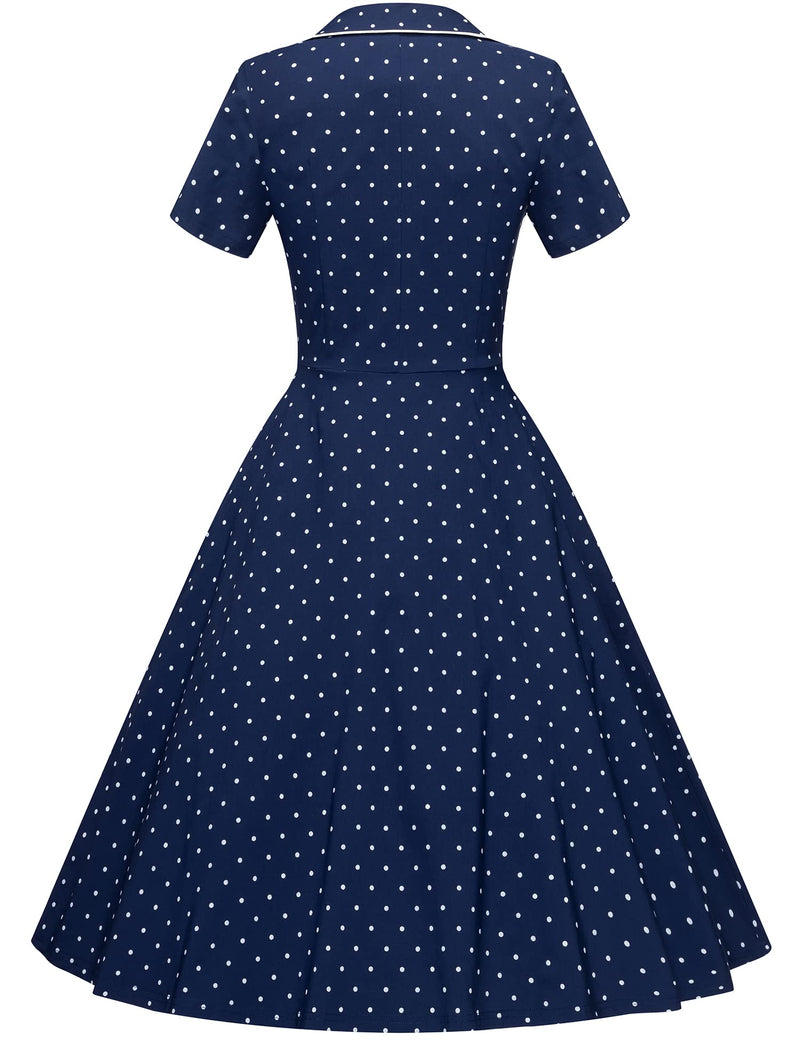 40s 50s Vintage Women`s Darkblue Dot Lapel Collar  Vneckline Shirt Dress - Gowntownvintage