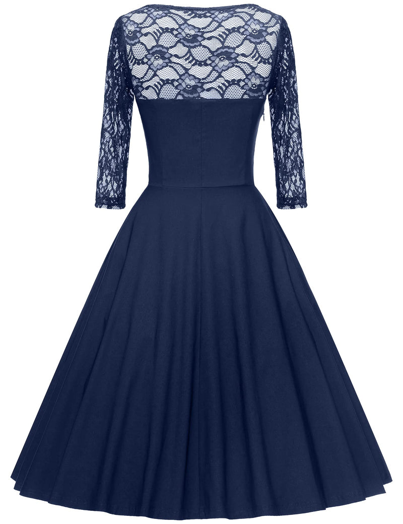 50s Darkblue Semi-transparent Lace Top  Long Sleeve Party Swing Dress With Pockets