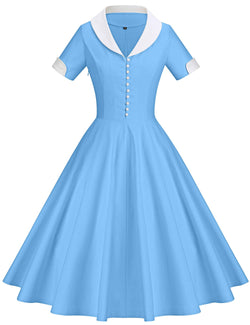 Women`s 1950s Lightblue Vneckline Vintage Shirt Waist Party Dress - Gowntownvintage