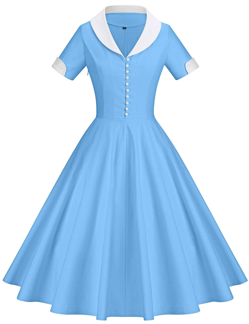 Women`s 1950s Lightblue Vneckline Vintage Shirt Waist Party Dress - Gowntownvintage