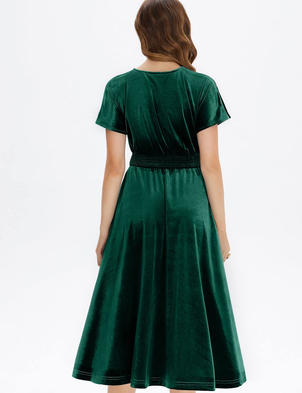 Women`s 50s Vintage Green  Velvet Swing Dress With Pockets