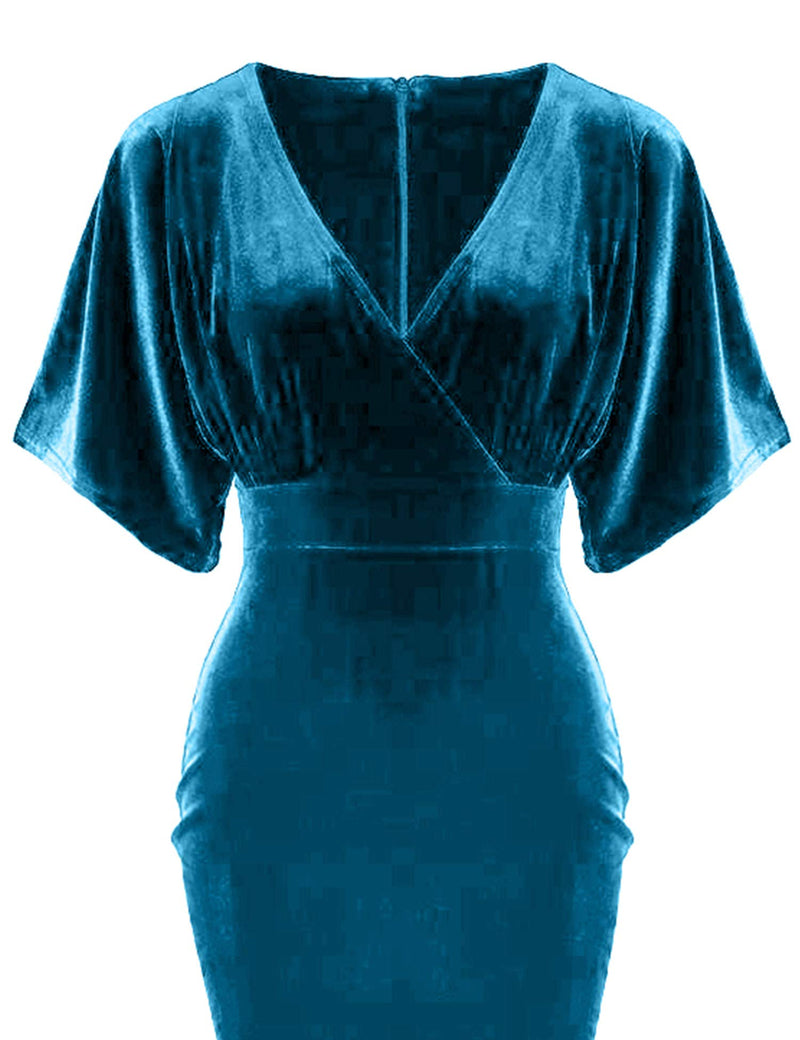 Women`s 1950s Vintage  Velvet Aqua blue Pencil Dress With Pockets - Gowntownvintage