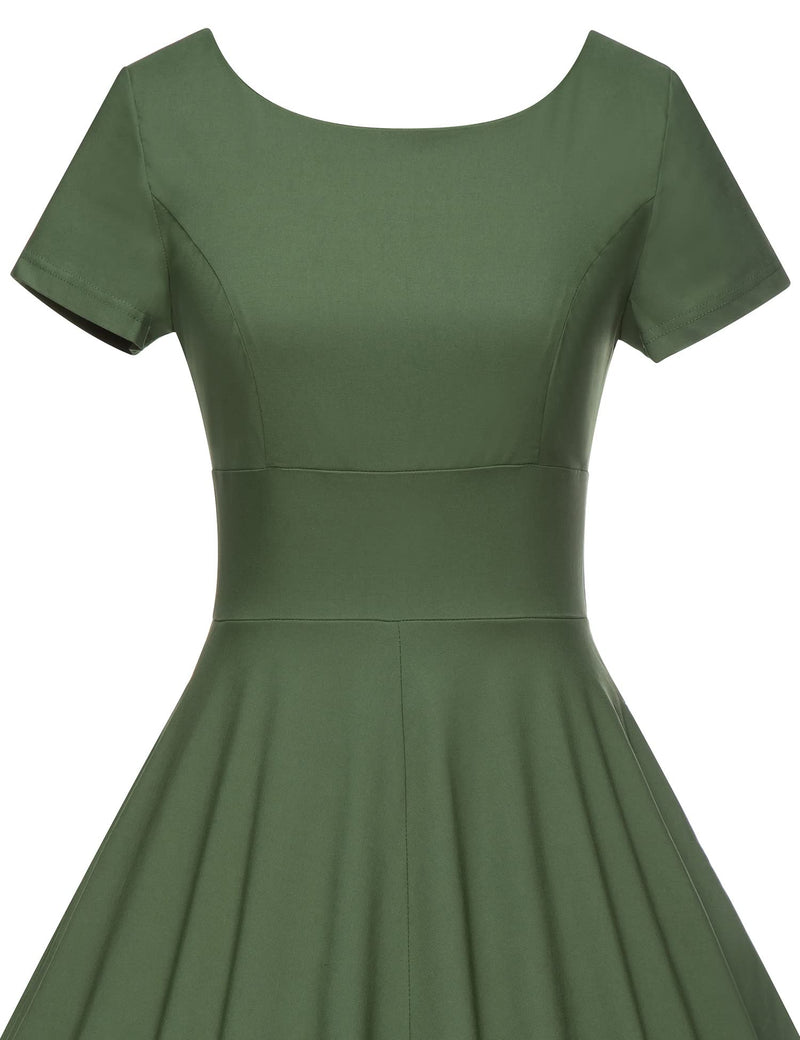 50s Women`s Scoop Collar Armygreen Audrey Hepburn Style Swing Dress With Pockets - Gowntownvintage