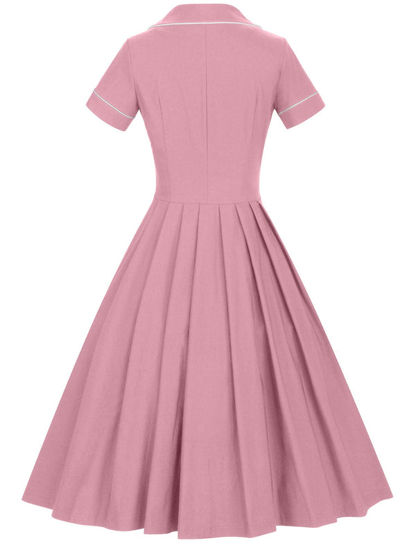 40s 50s Vintage Women`s  Pink Lapel Collar  Vneckline Shirt Dress With Pockets - Gowntownvintage