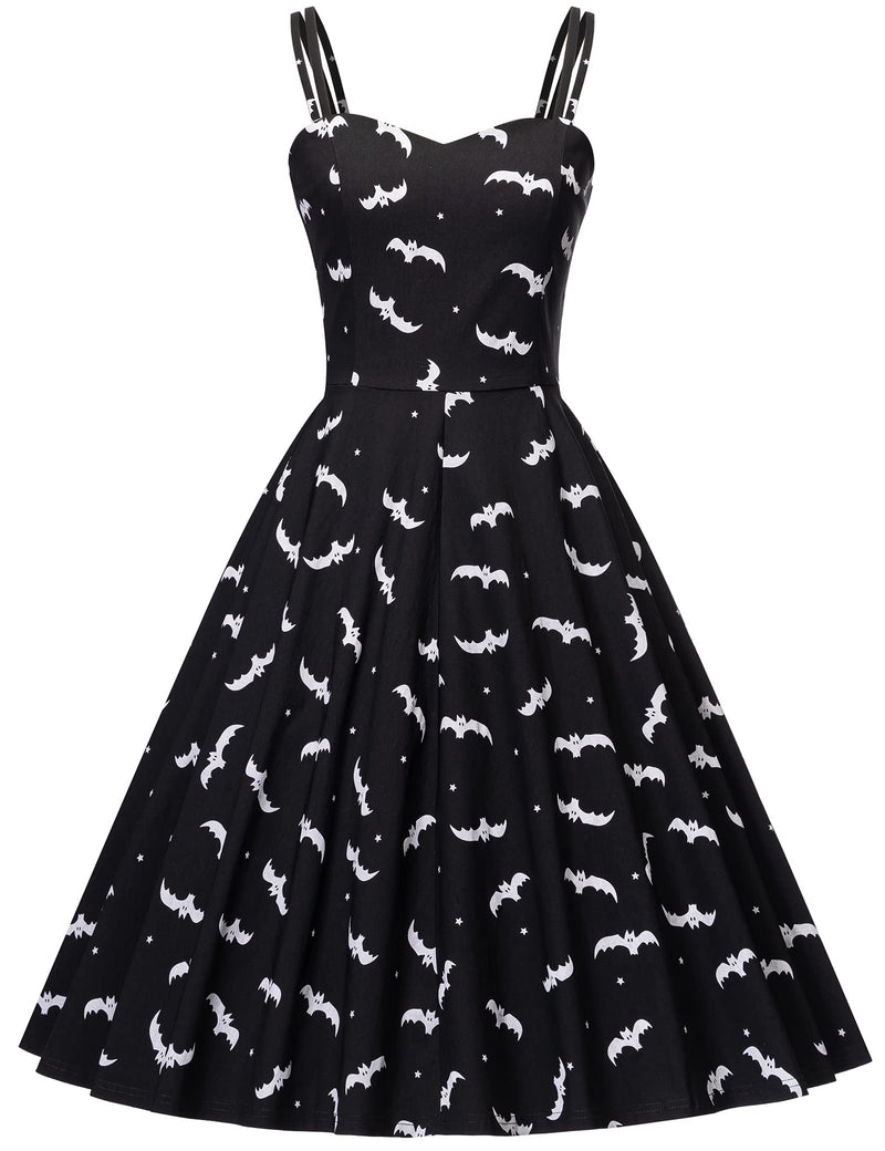 Women`s 1950s  Sweetheart Neckline Gothic Spooky Print  Party Dress With Chiffon Cloak - Gowntownvintage