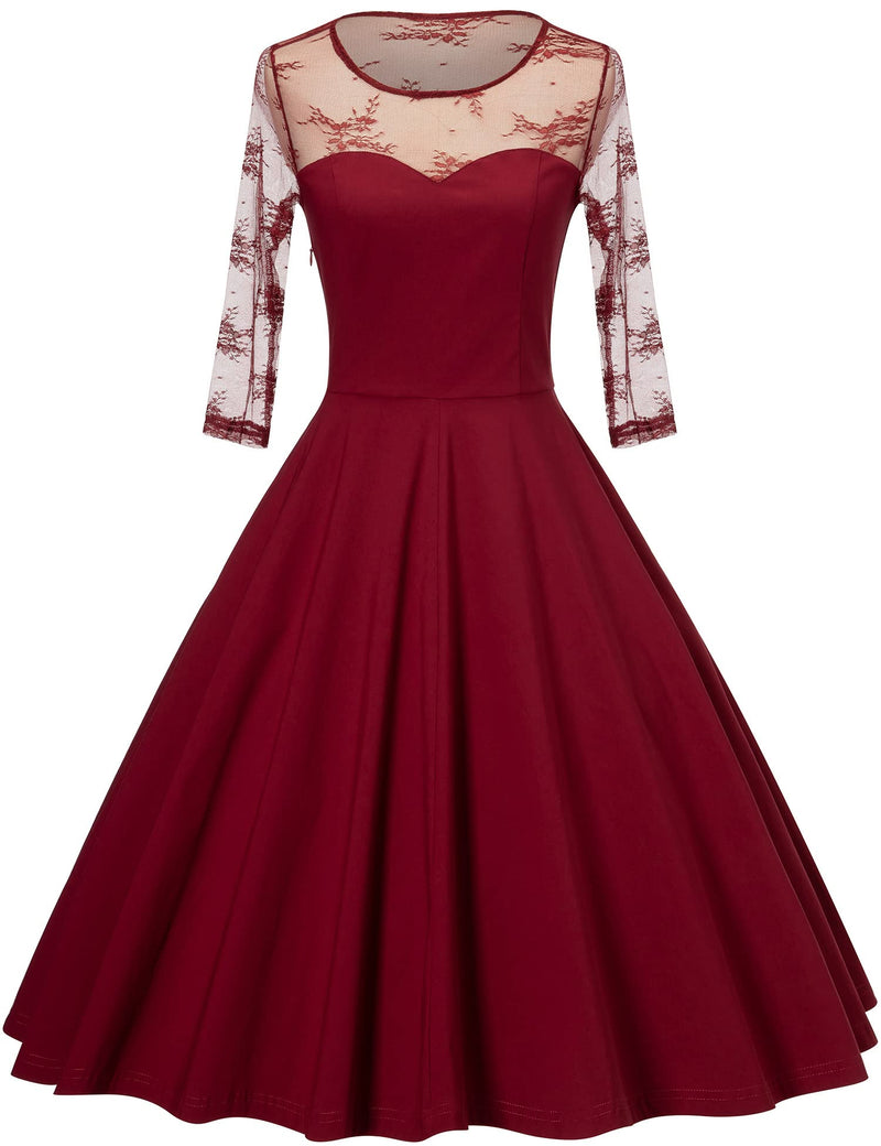 50s  Darkred  Semi-transparent Lace Top  Long Sleeve Party Swing Dress With Pockets