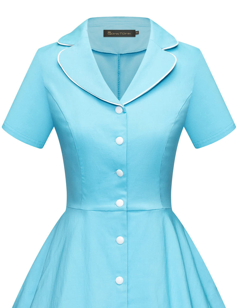 40s 50s Vintage Women`s Blue Lapel Collar Vneckline Shirt Swing Dress With Pockets - Gowntownvintage