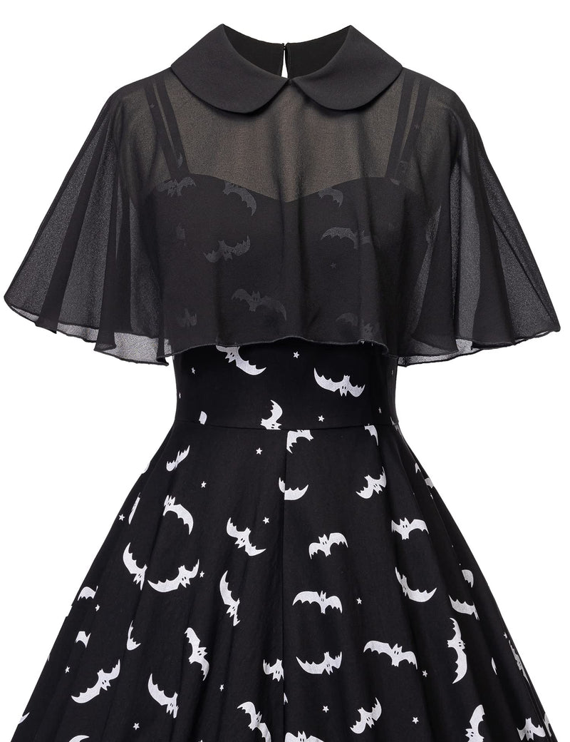 Women`s 1950s  Sweetheart Neckline Gothic Spooky Print  Party Dress With Chiffon Cloak - Gowntownvintage