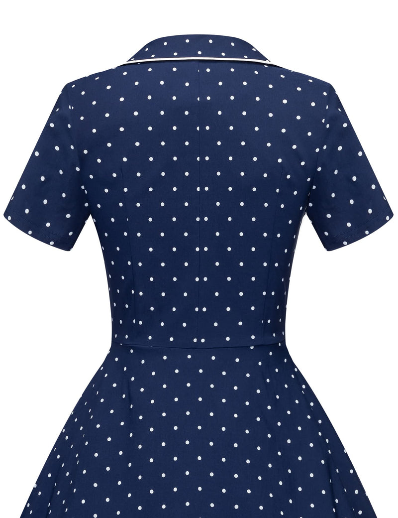 40s 50s Vintage Women`s Darkblue Dot Lapel Collar  Vneckline Shirt Dress - Gowntownvintage