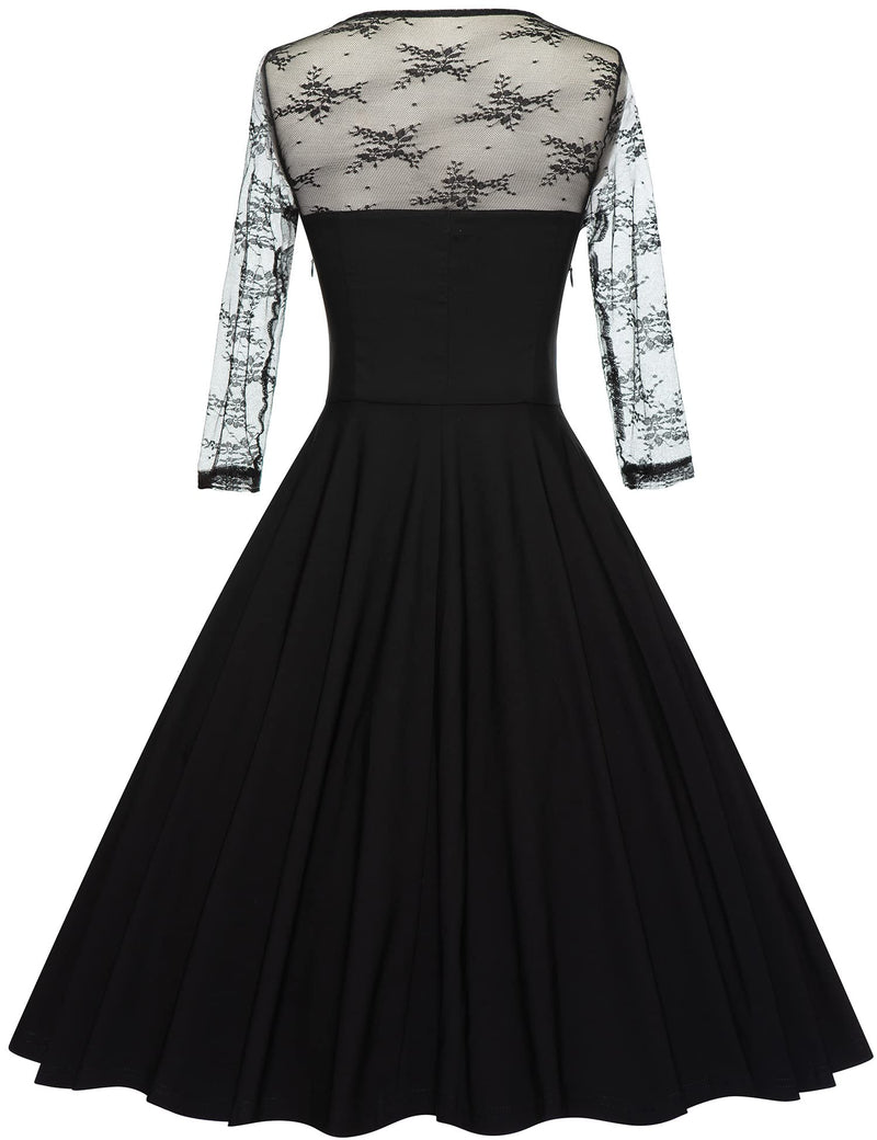 50s Black Semi-transparent Lace Top  Long Sleeve Party Swing Dress With Pockets