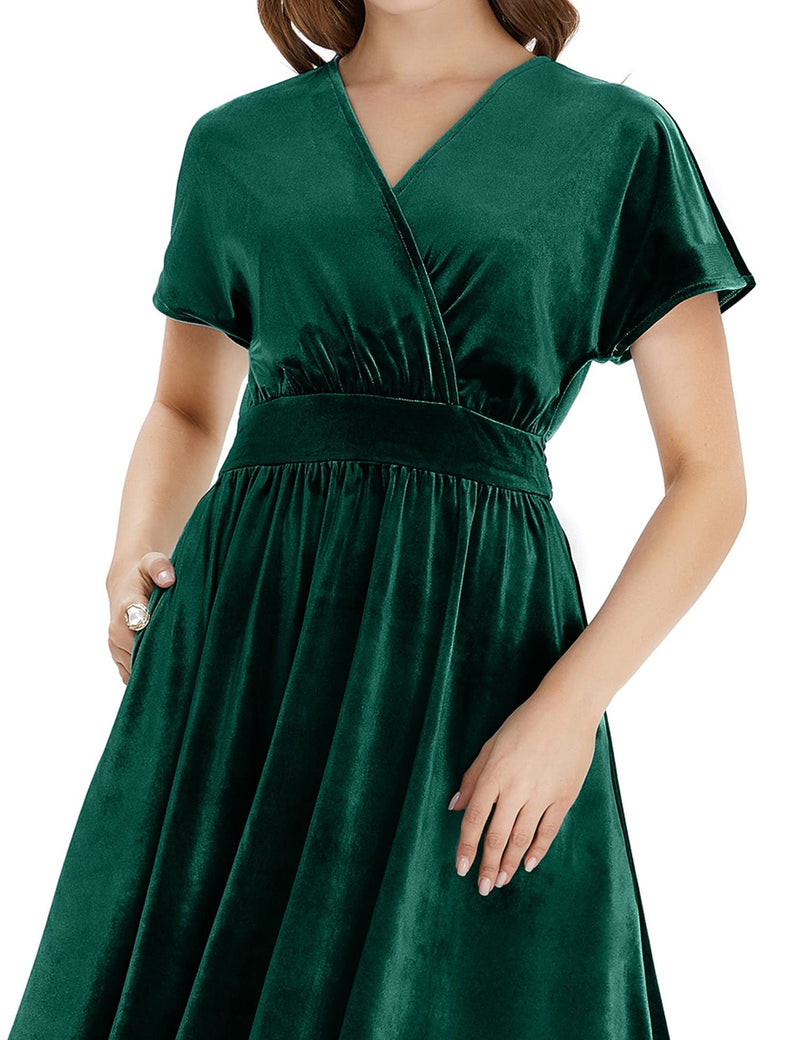 Women`s 50s Vintage Green  Velvet Swing Dress With Pockets