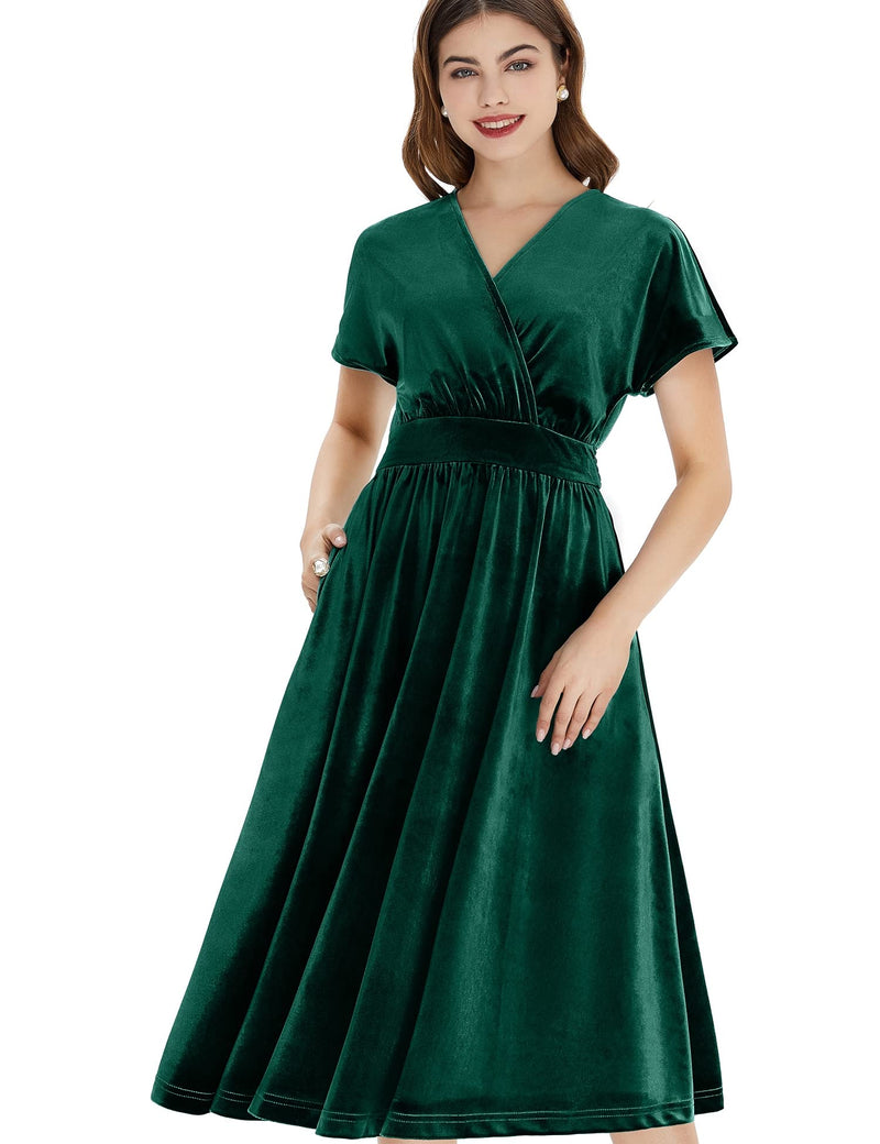 Women`s 50s Vintage Green  Velvet Swing Dress With Pockets