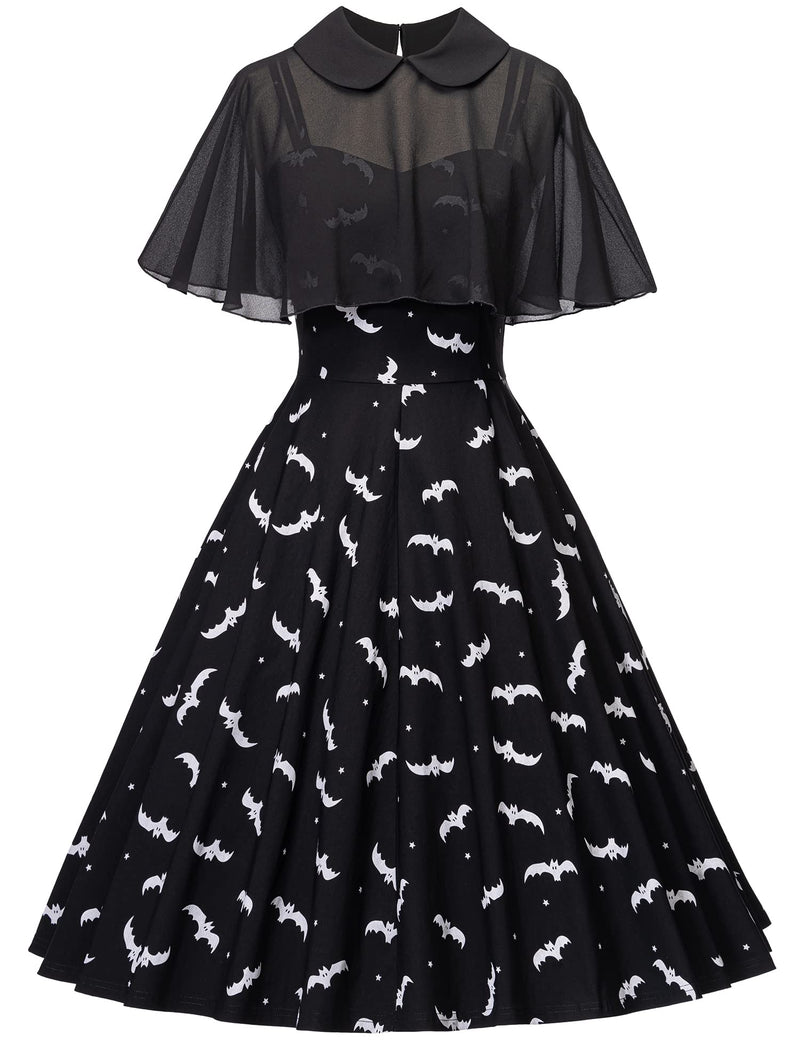 Women`s 1950s  Sweetheart Neckline Gothic Spooky Print  Party Dress With Chiffon Cloak - Gowntownvintage