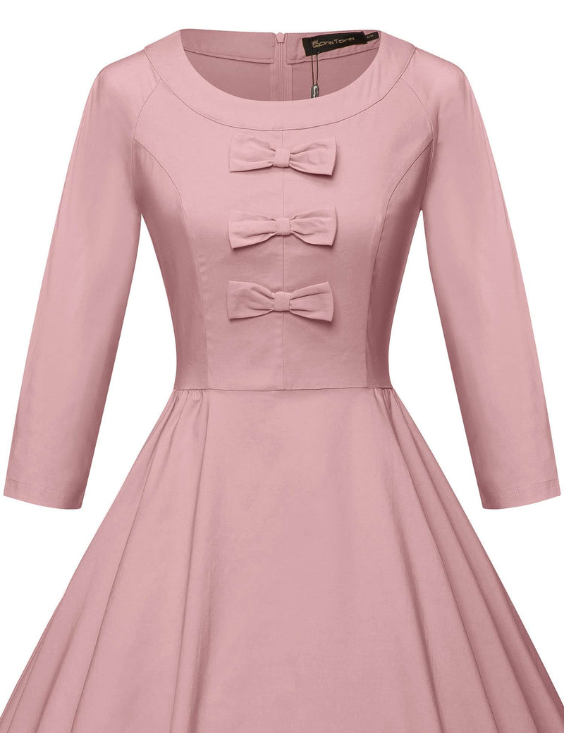 50s Women`s  Pink O neckline Front Bowknot Tie Swing Dress With Pockets - Gowntownvintage