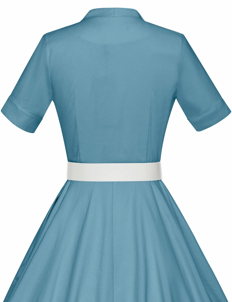 50s Lapel Collar Vneckline Aquablue Shirtwaist Vintage Dress With Belts&Pockets - Gowntownvintage