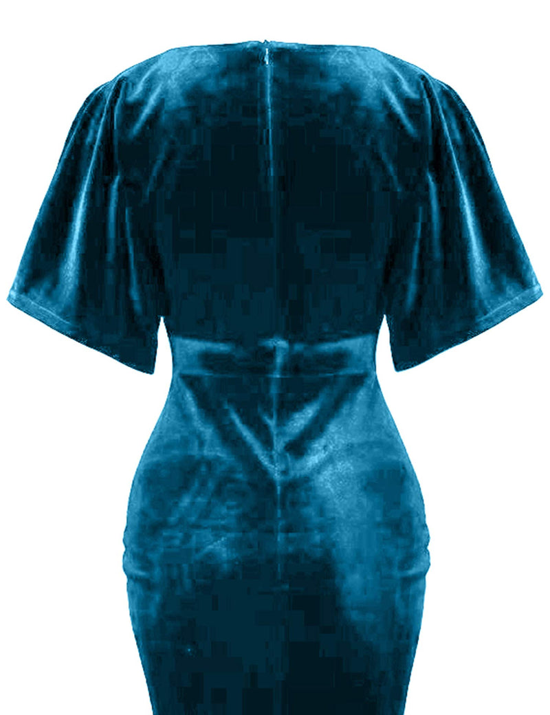 Women`s 1950s Vintage  Velvet Aqua blue Pencil Dress With Pockets - Gowntownvintage