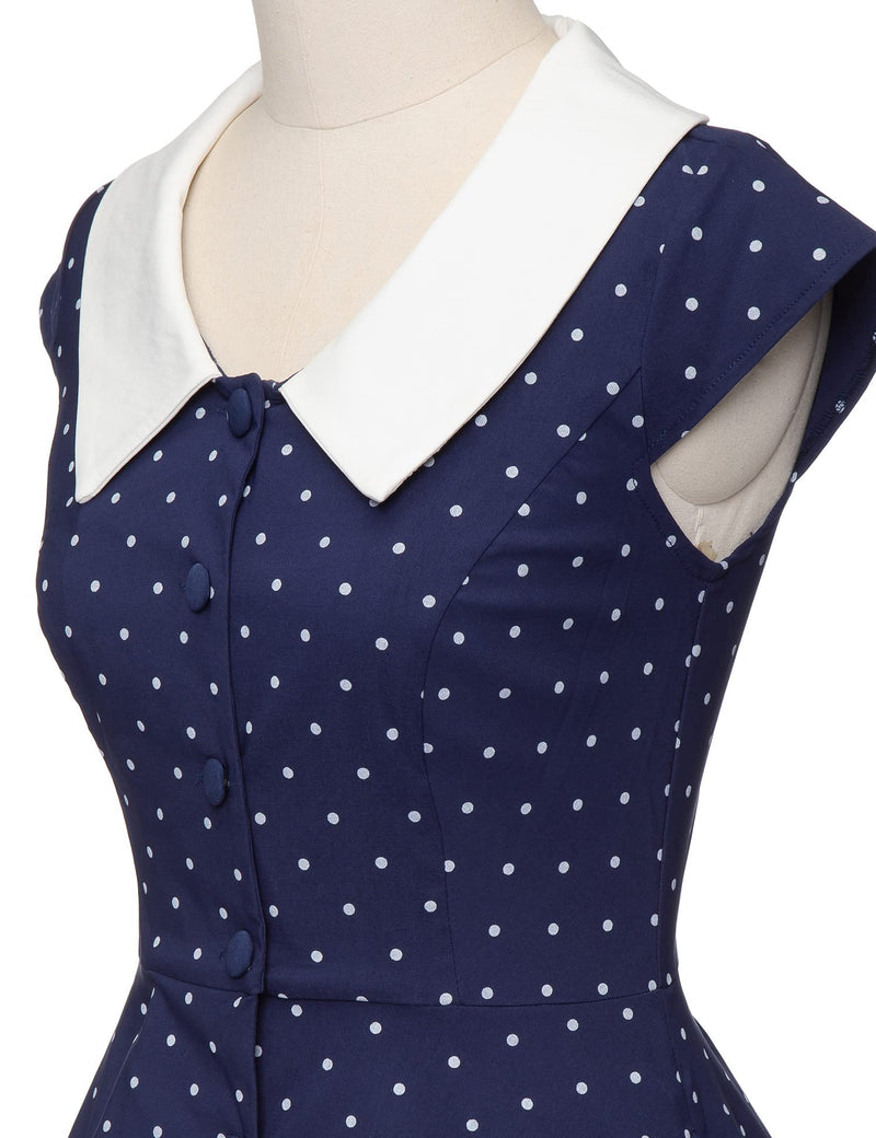 1940s 50s  Peter Pan Collar Darkblue Dot Shirtwaist Vintage Swing Dress With Pockets - Gowntownvintage