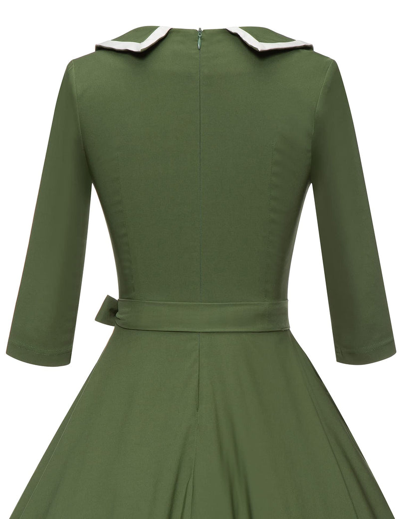 50s Women`s  Armygreen Peter Pan Collar Party Dress With Pockets - Gowntownvintage