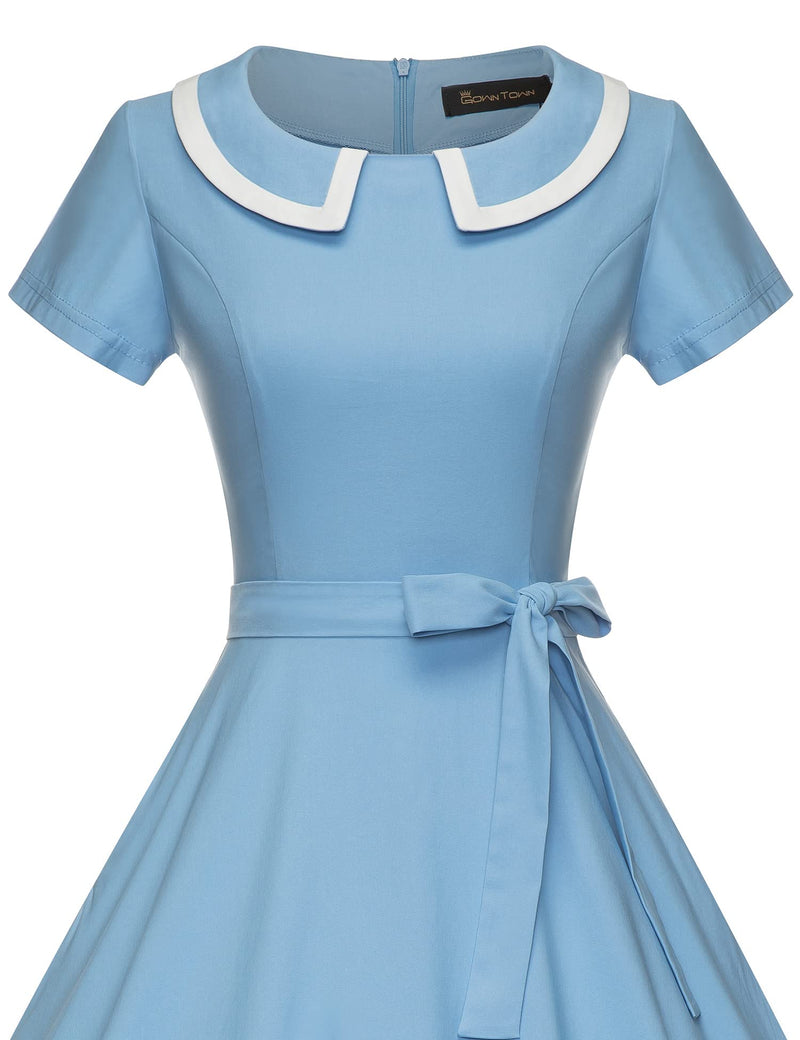 50s  Women`s Retro Dress Boyblue Peter Pan Collar Swing Dress With Pockets - Gowntownvintage