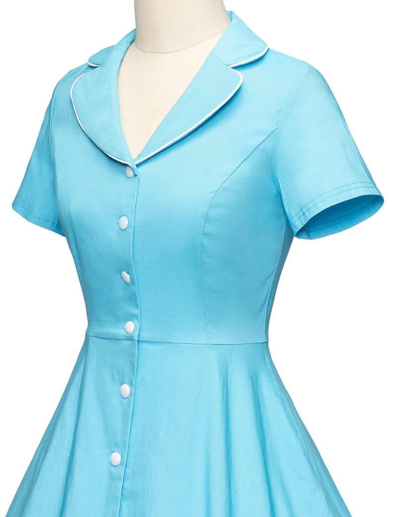 40s 50s Vintage Women`s Blue Lapel Collar Vneckline Shirt Swing Dress With Pockets - Gowntownvintage