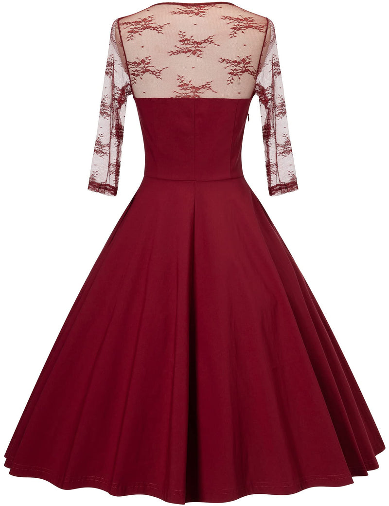 50s  Darkred  Semi-transparent Lace Top  Long Sleeve Party Swing Dress With Pockets