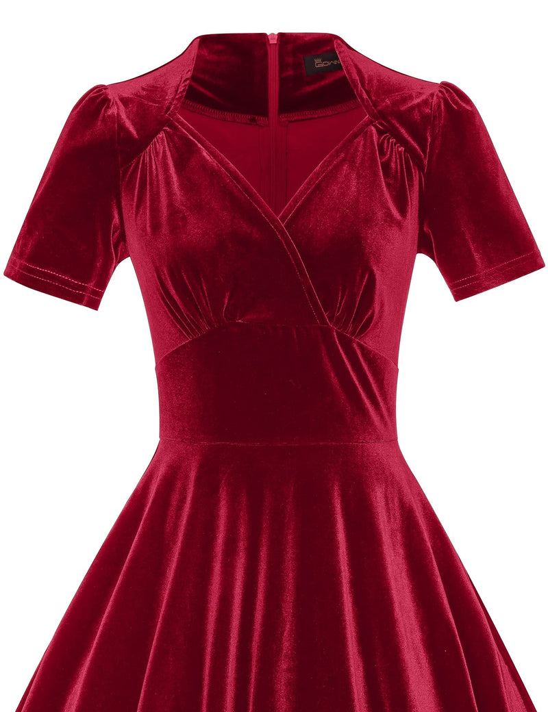 Women`s 1950s Vintage  Velvet Darkred Party Dress With Pockets - Gowntownvintage