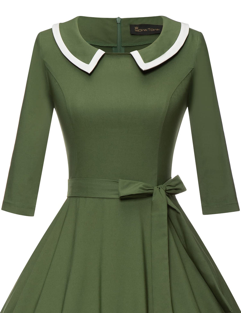 50s Women`s  Armygreen Peter Pan Collar Party Dress With Pockets - Gowntownvintage