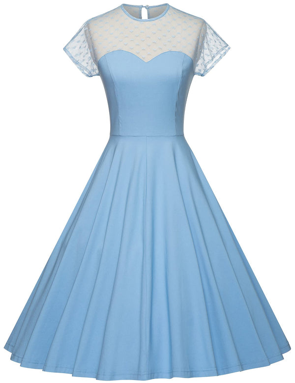 Round neckline Semi-Transparent Lace Top Lightblue Swing Dress With Pockets